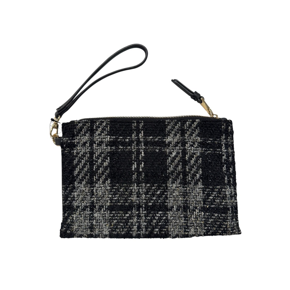 INC International Concepts Plaid Tweed Wristlet Black Grey Metallic Clutch Bag